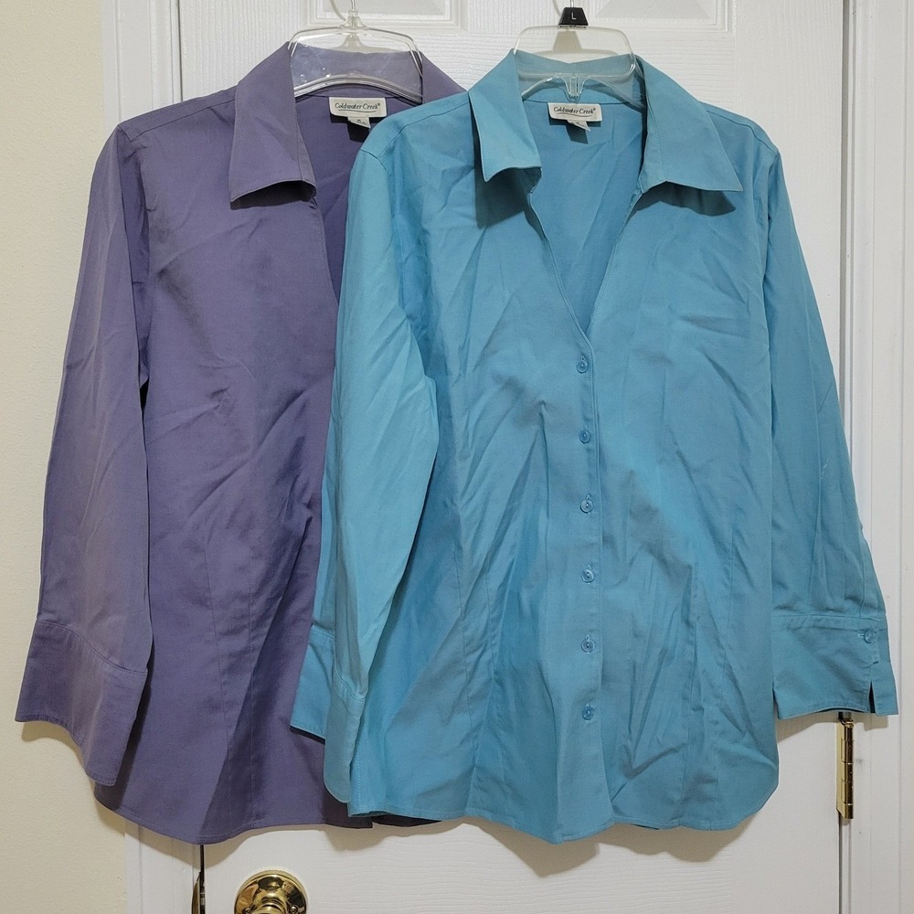 Coldwater Creek Womens 100% Cotton Button Up Shirt Lot of 2 Purple Blue Size M